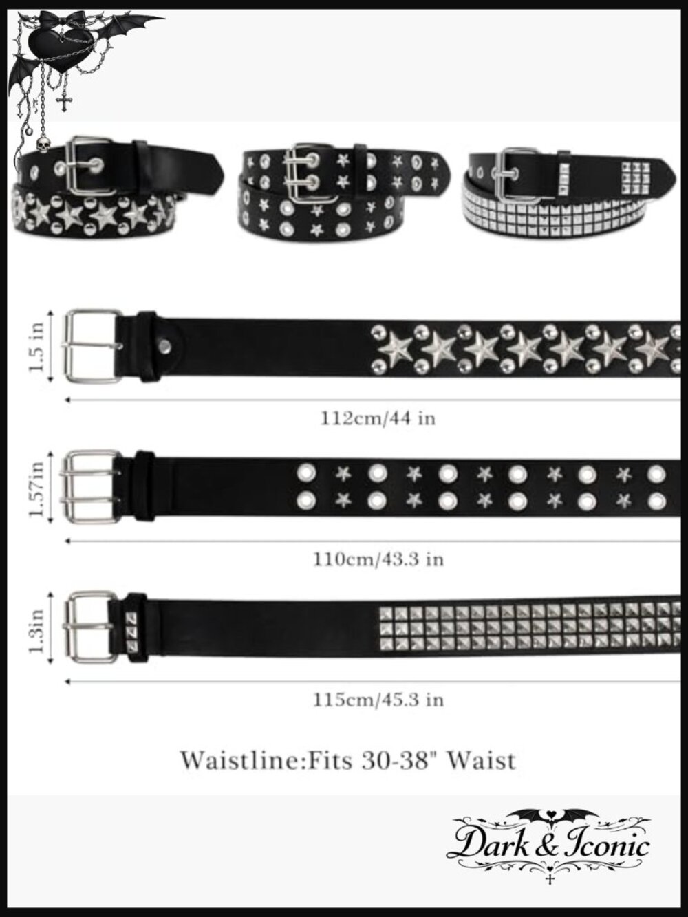 3 Pcs Y2K Star & Studded Belt Set - Double Grommet Punk - Picture 2 of 7